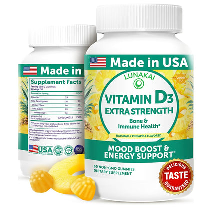 Lunakai USA Made Vitamin D3 Gummies 2000 IU – Non-GMO, Gluten-Free | 60ct