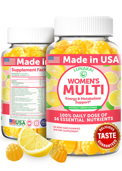 Lunakai USA Made Women's Multivitamin Gummies – 16 Essential Vitamins, 60ct