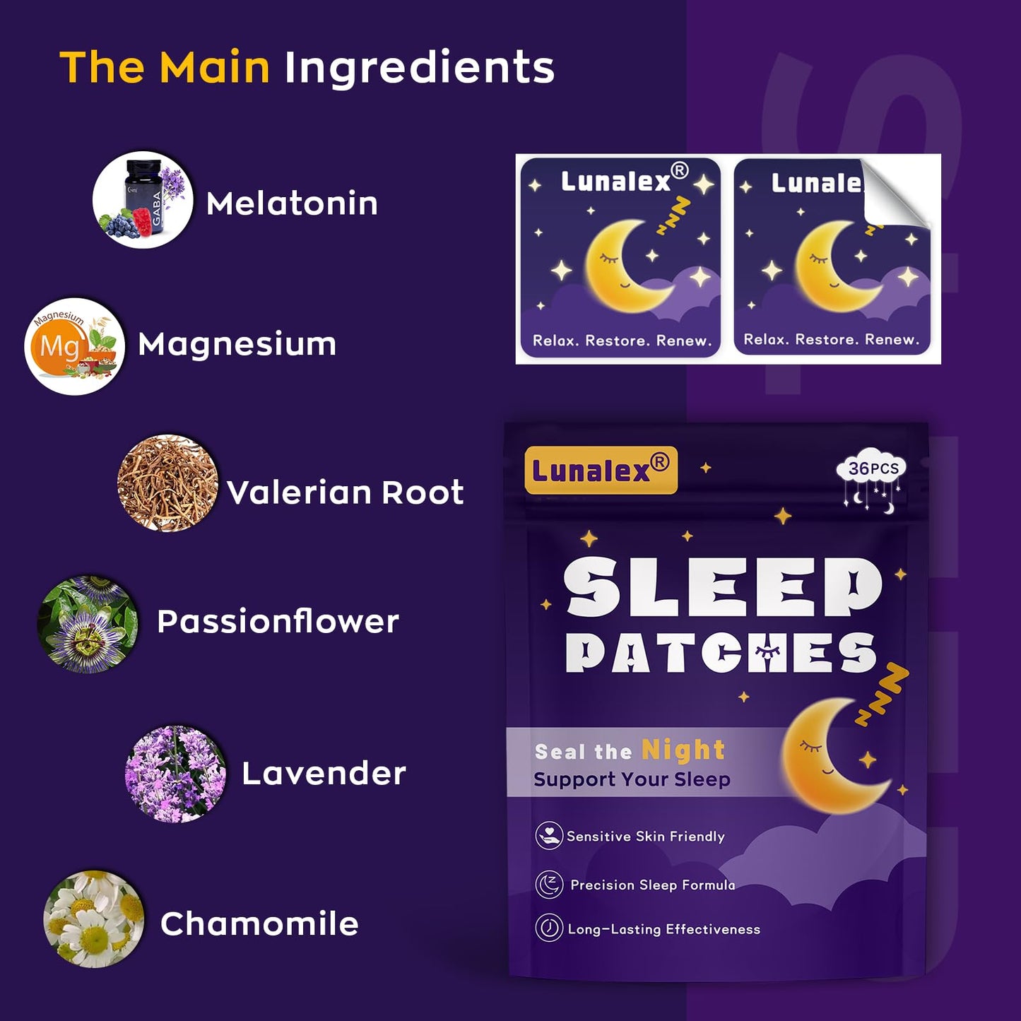 Lunalex 36ct Sleep Patches for Adults Extra Strength – All Natural Nighttime Comfort with Melatonin & Magnesium, Quick-Acting & Long-Lasting