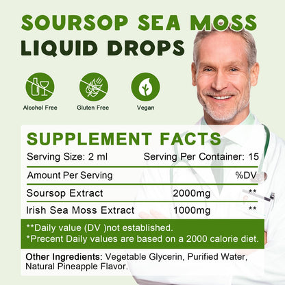 LUCNVEM 2 Pack Soursop Graviola with Sea Moss Drops – Immune Support & Antioxidants | Pineapple Flavor