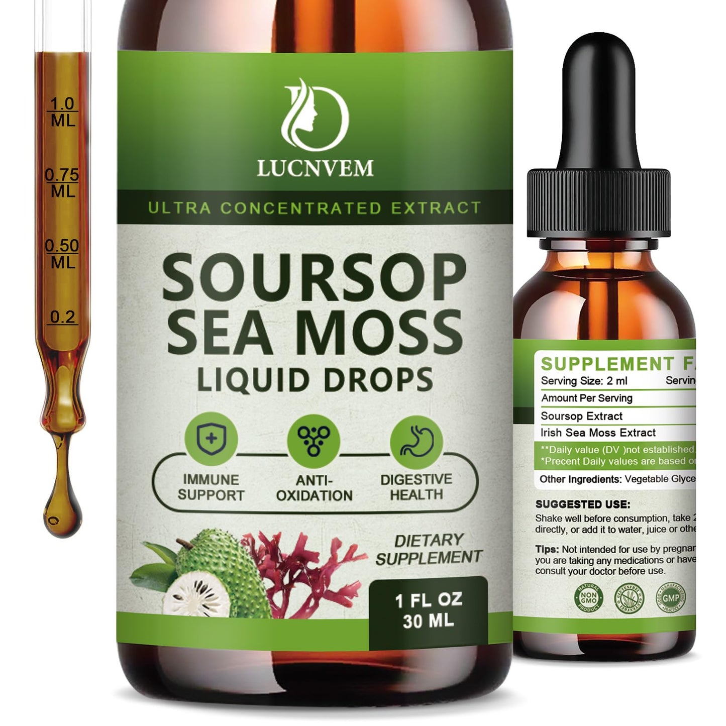 LUCNVEM 2 Pack Soursop Graviola with Sea Moss Drops – Immune Support & Antioxidants | Pineapple Flavor