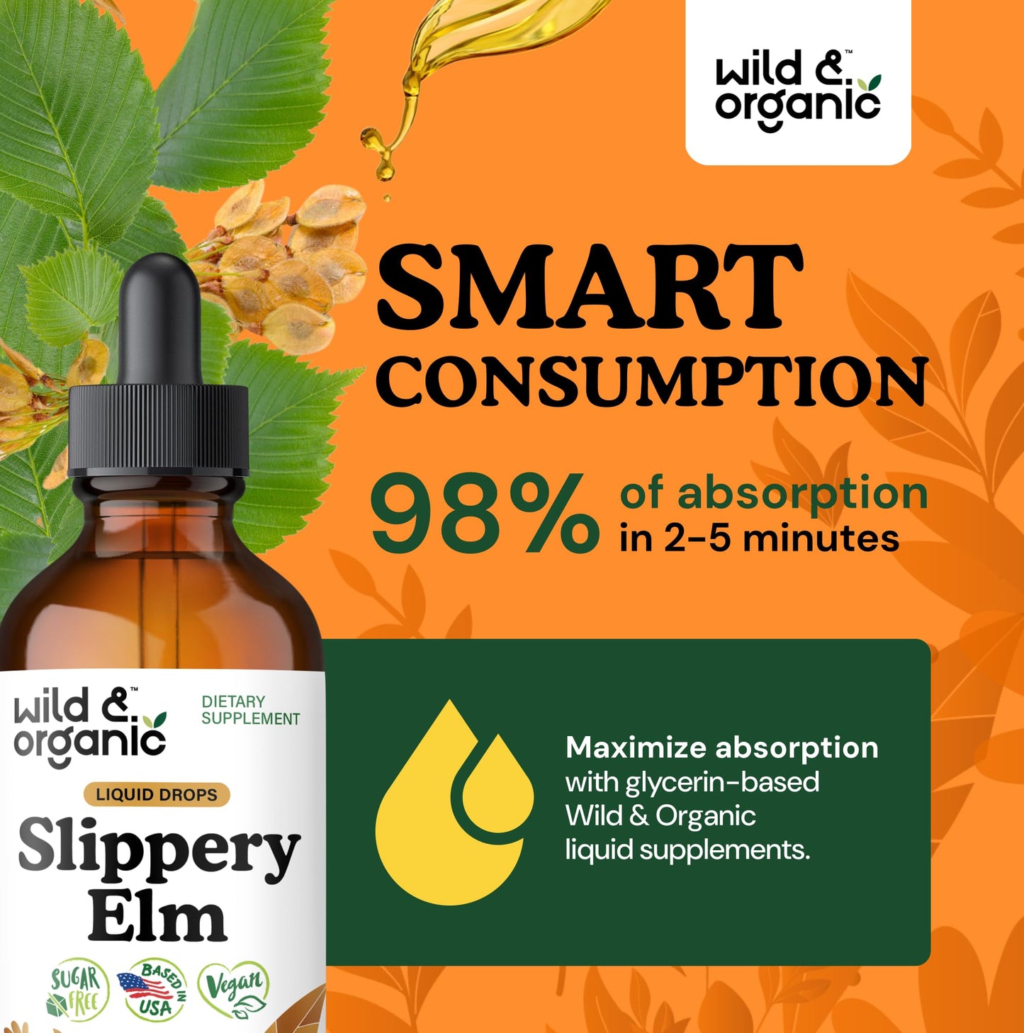 Wild & Organic Slippery Elm Liquid Drops - Lung, Digestive & Women's Support - Slippery Elm Bark Extract Tincture - Ulmus Rubra Supplement - Vegan, Sugar & Alcohol-Free - 4 fl oz