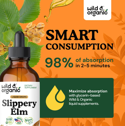Wild & Organic Slippery Elm Liquid Drops - Lung, Digestive & Women's Support - Slippery Elm Bark Extract Tincture - Ulmus Rubra Supplement - Vegan, Sugar & Alcohol-Free - 4 fl oz