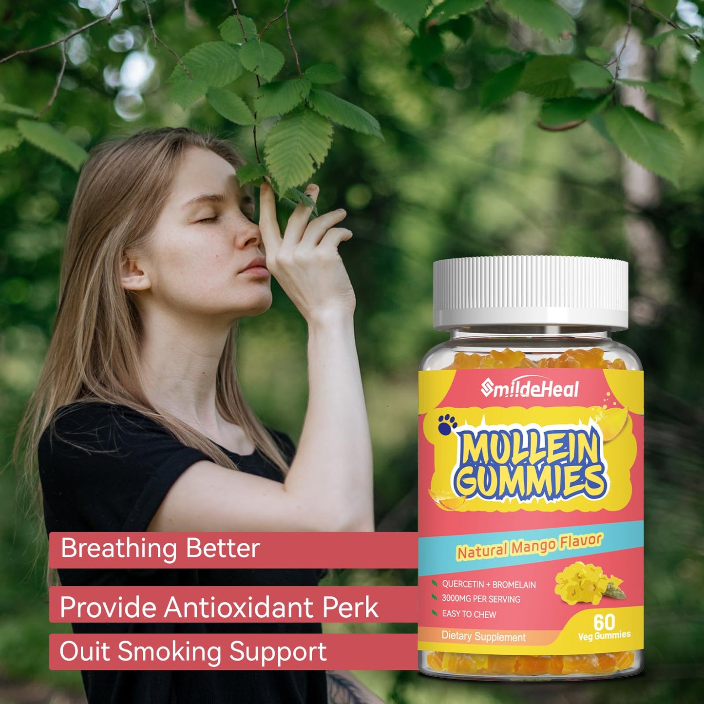 2 Pack Mullein Gummies 3000MG, Sugar Free Mullein Gummies with Bromelain & Quercetin, Mullein Leaf Extract Supplements for Lungs, Vegan, 120 Count
