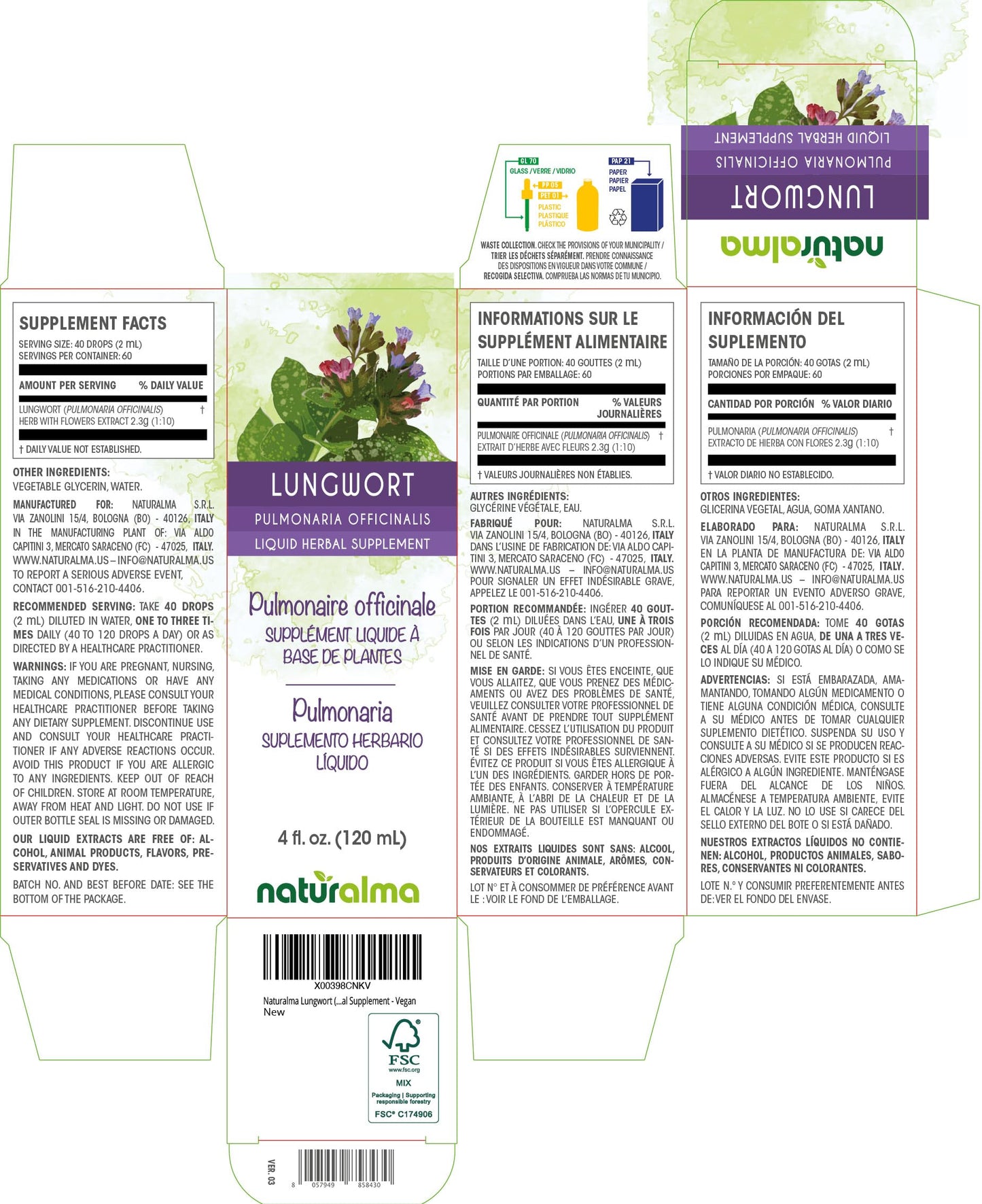 Naturalma Lungwort Alcohol-Free Tincture (Pulmonaria officinalis) - 4 fl oz Drops | Vegan