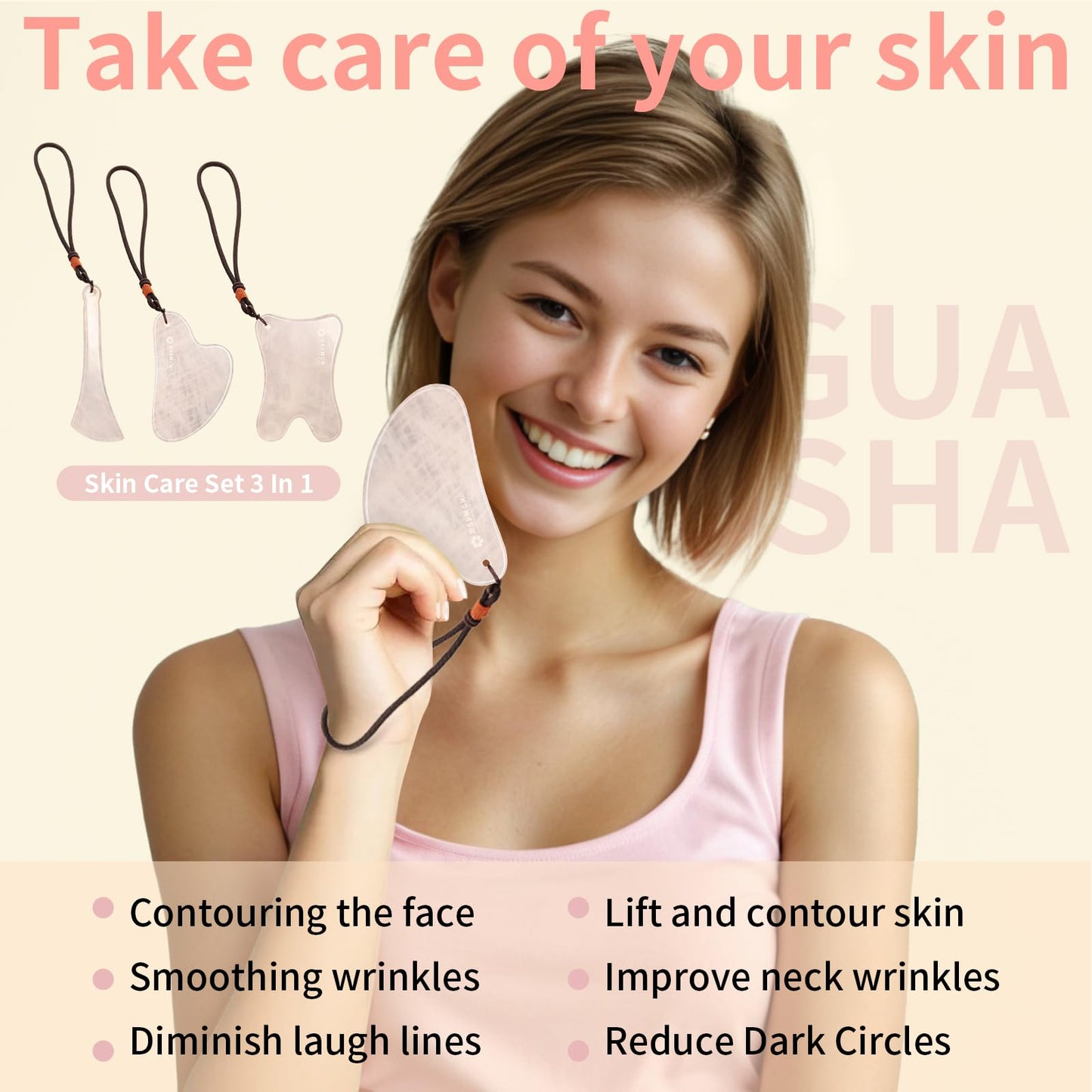 Lusomch Gua Sha Tools – 3Pcs Pink Jade Set for Face & Body