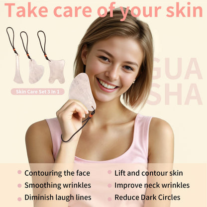 Lusomch Gua Sha Tools – 3Pcs Pink Jade Set for Face & Body