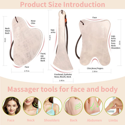Lusomch Gua Sha Tools – 3Pcs Pink Jade Set for Face & Body