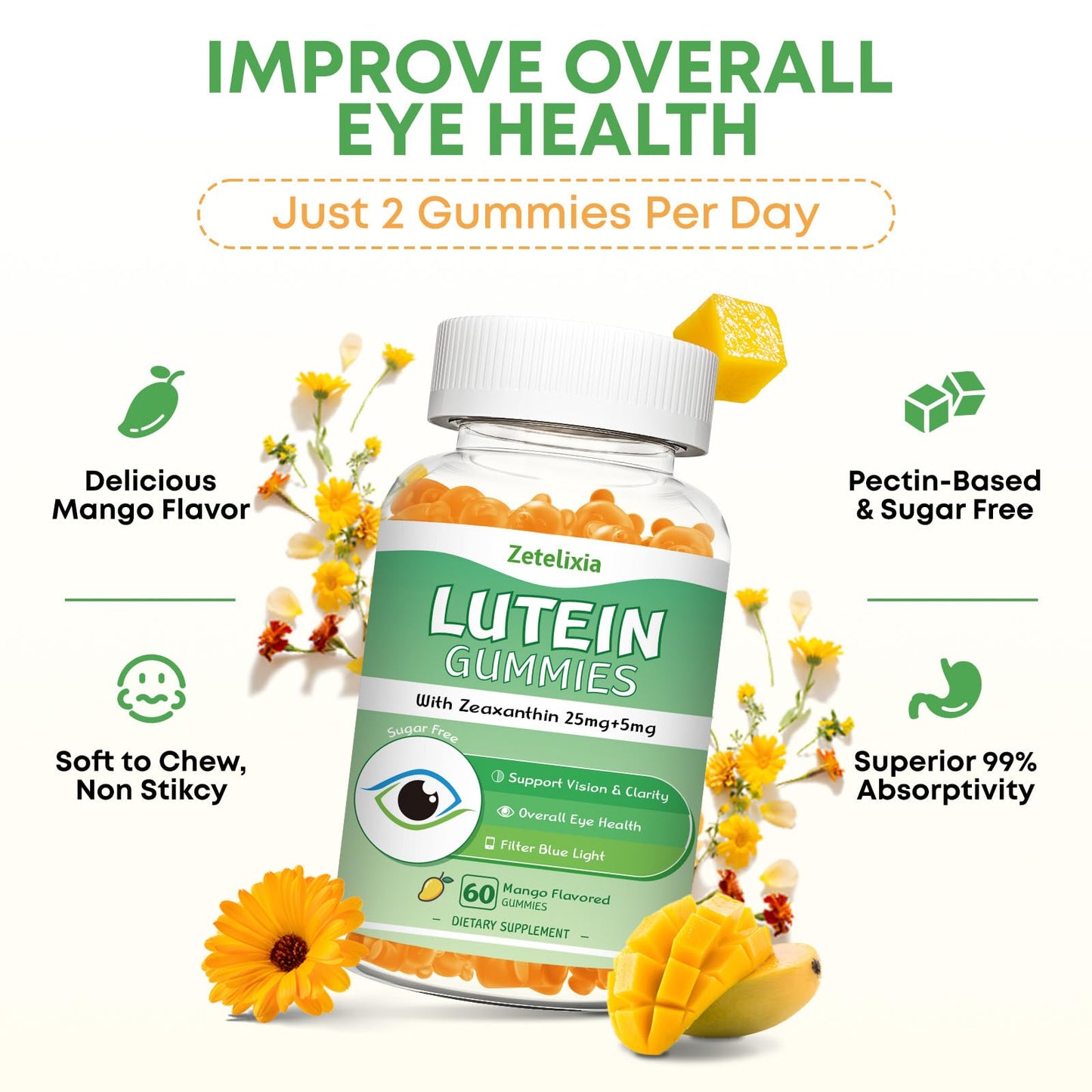 2 Pack Lutein Gummies 25mg – Sugar Free Eye Health Gummies (Mango, 120 Count)