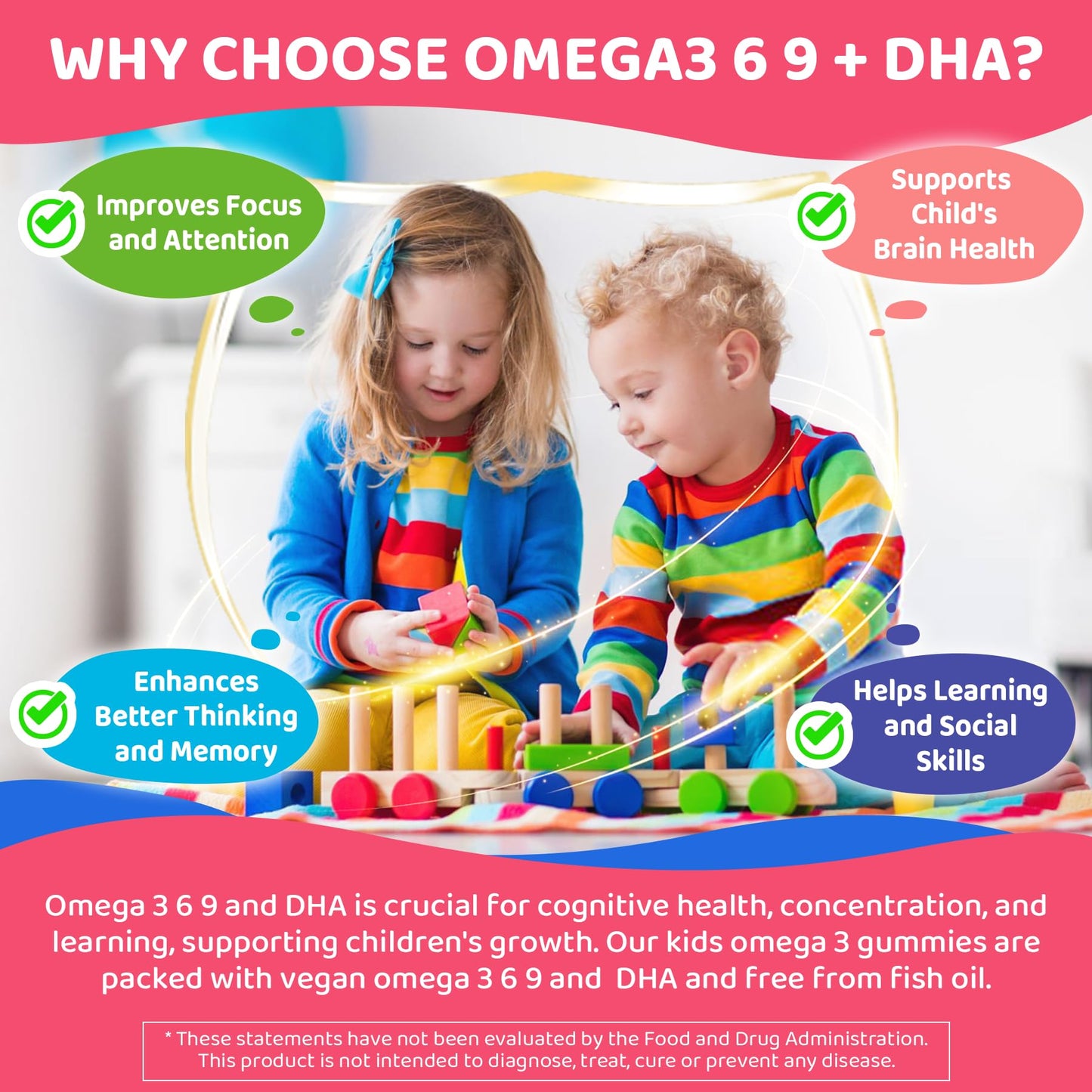 Kids Omega 3 Gummies 4+ | DHA, D3, K2, C, B6, Methyl B12 | Sugar Free | No Fish Taste | 60 Gummies