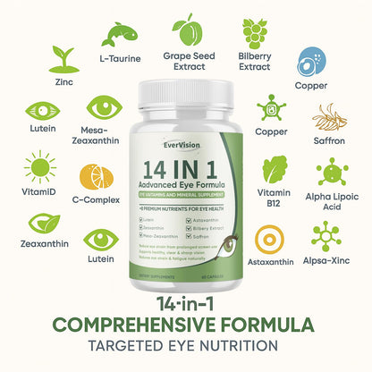 Evervision 14 in 1 Advanced Eye Formula – Eye Health Supplement for Adults & Seniors | 60 Capsules
