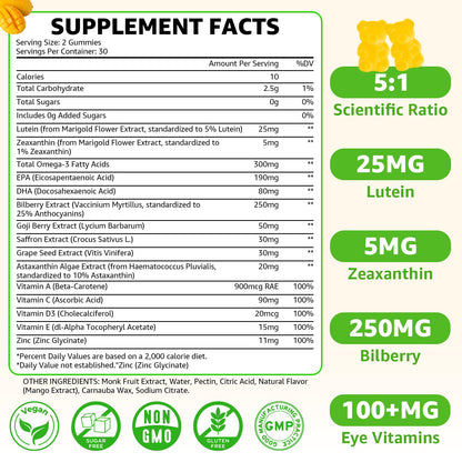 Sugar Free Lutein Gummies 25mg – Eye Health, 60 Count (Vegan)