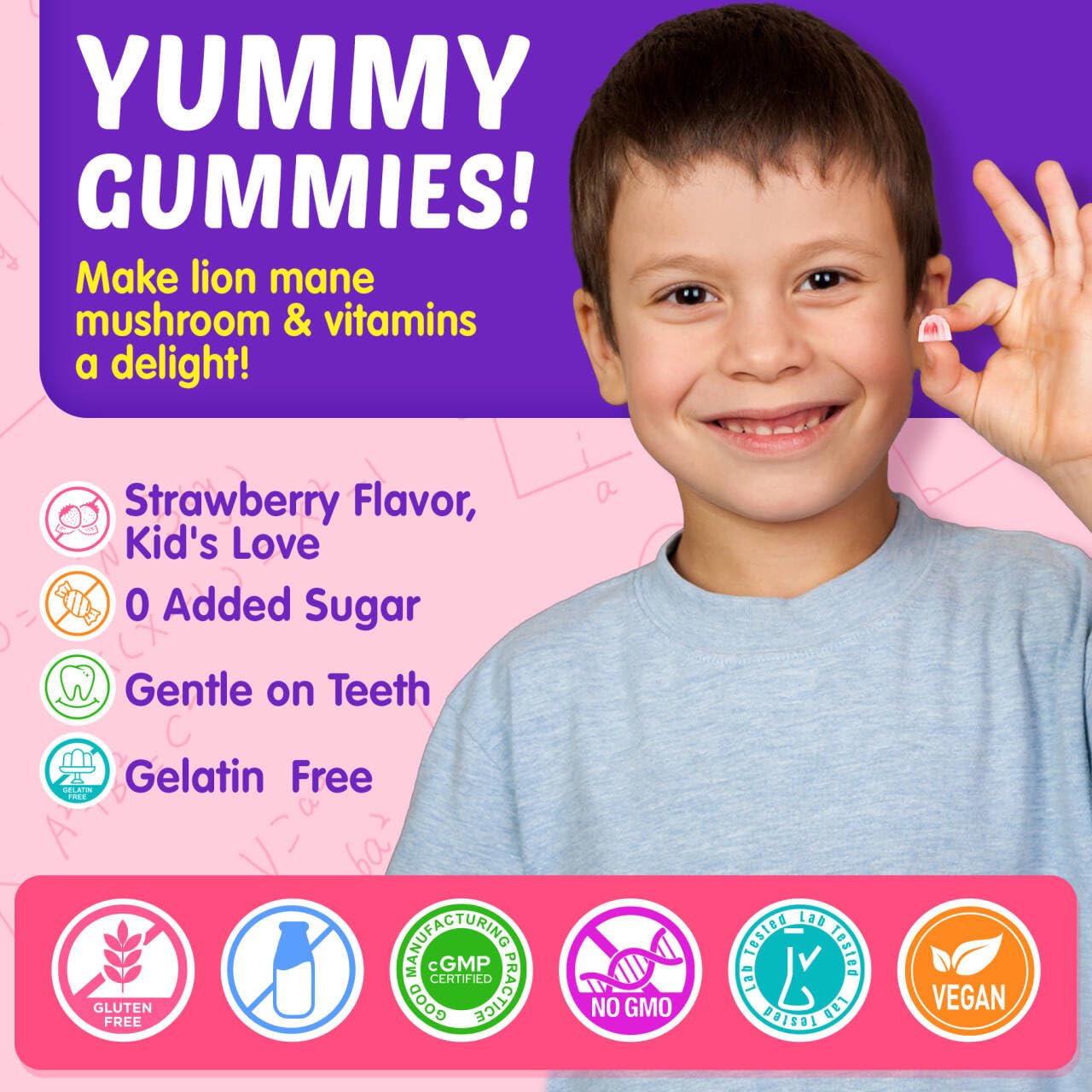 Kids Brain Gummies with Lion's Mane – Focus, Memory & Vision (60 Count)