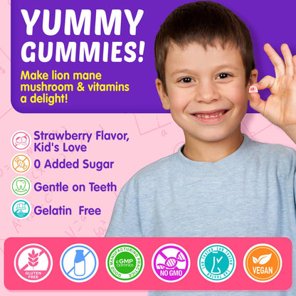 Kids Brain Gummies with Lion's Mane – Focus, Memory & Vision (60 Count)