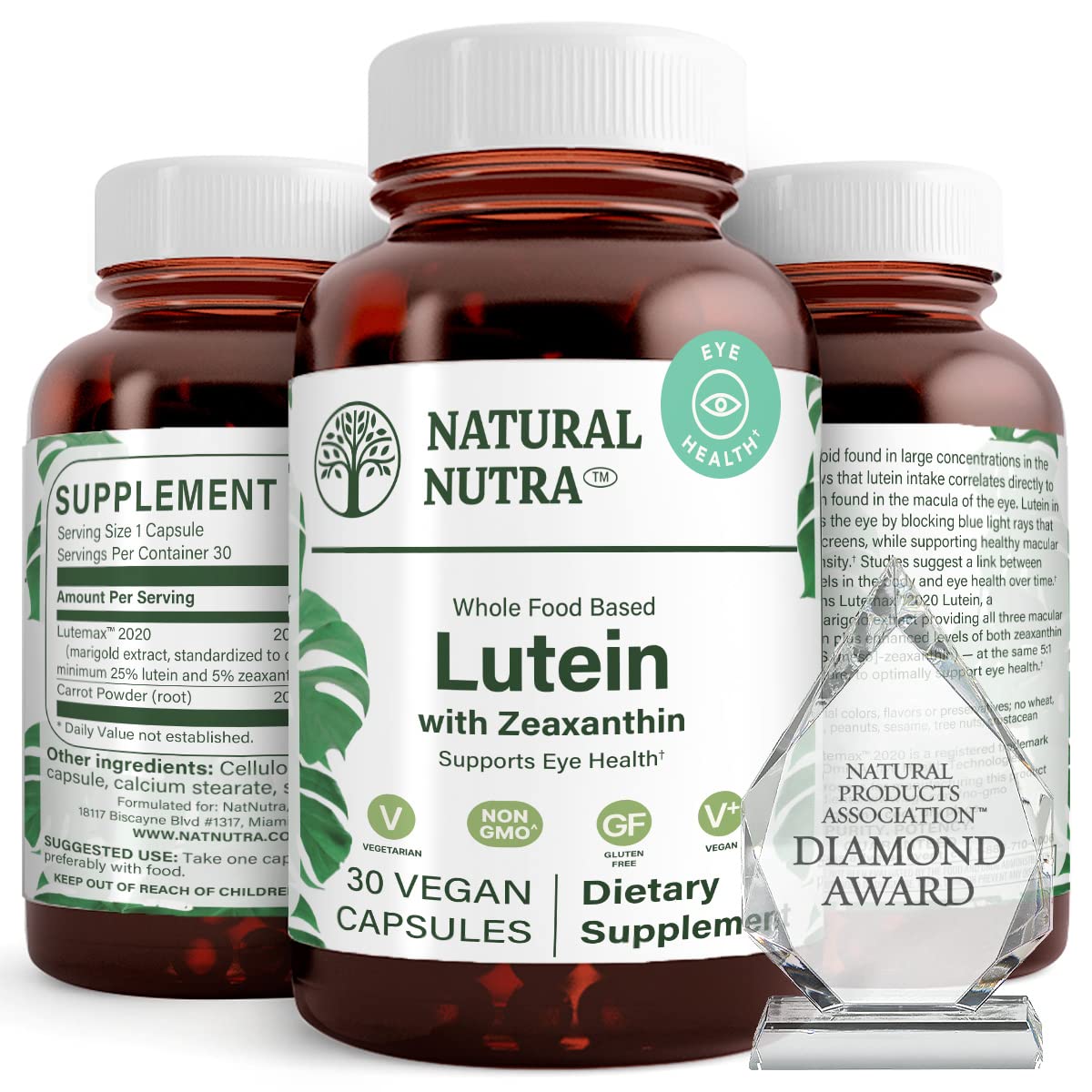 Natural Nutra Lutein & Zeaxanthin Supplement - Vision Health Support, 20 mg, 60 Capsules, Gluten Free & Soy Free