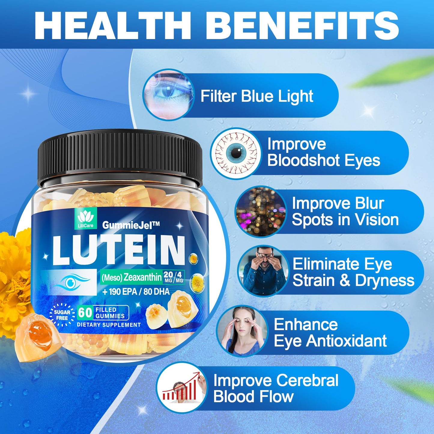 Sugar Free Lutein 20mg & 4mg Zeaxanthin Gummies with Omega-3 (EPA 190mg & DHA 80mg) - Vegan Eye Vitamins, 60 Count