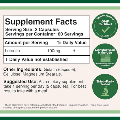 Double Wood Luteolin 100mg – 120 Capsules | Gluten Free, Neuroprotective Flavonoid for Brain & Cardiovascular Support