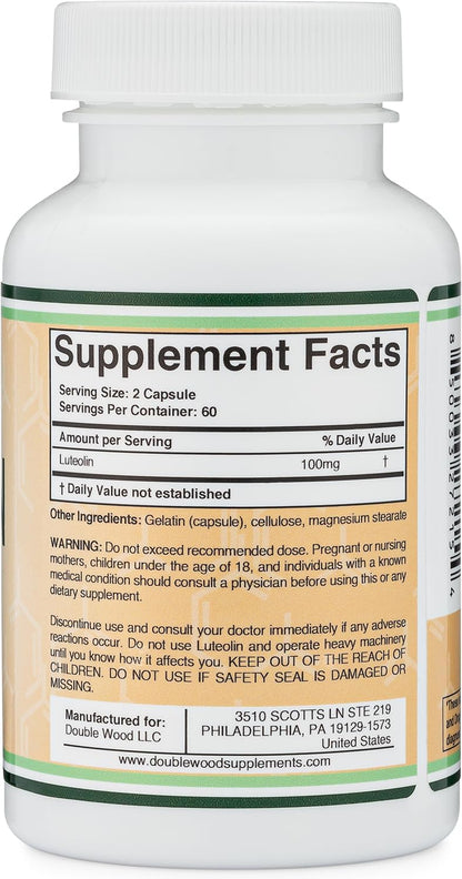 Double Wood Luteolin 100mg – 120 Capsules | Gluten Free, Neuroprotective Flavonoid for Brain & Cardiovascular Support