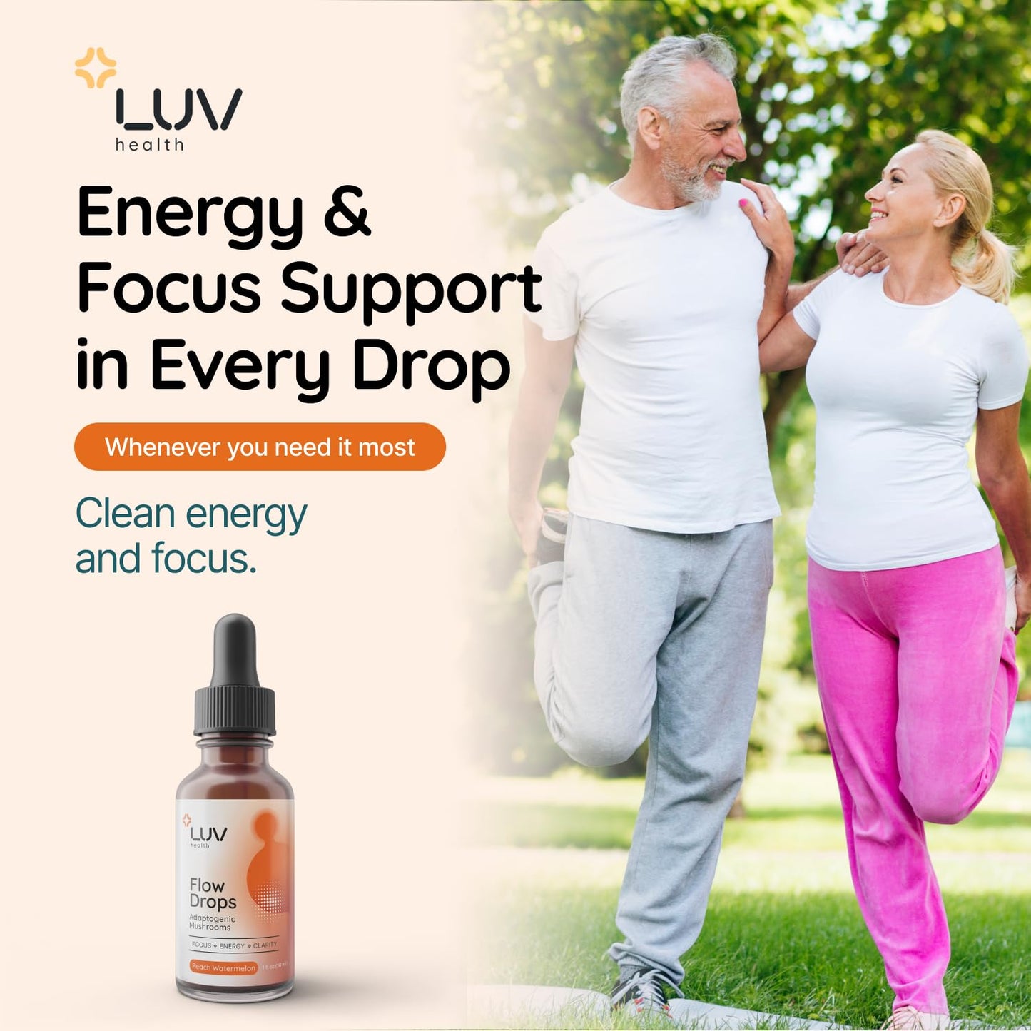 LUV health Flow Drops® – Energy, Focus & Immune Support with Adaptogenic Mushrooms | Made in USA | 90 Servings