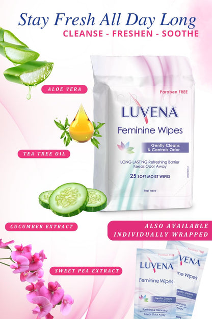 LUVENA Feminine Wipes – Fresh Cucumber Scent, 25-Count Travel Pack