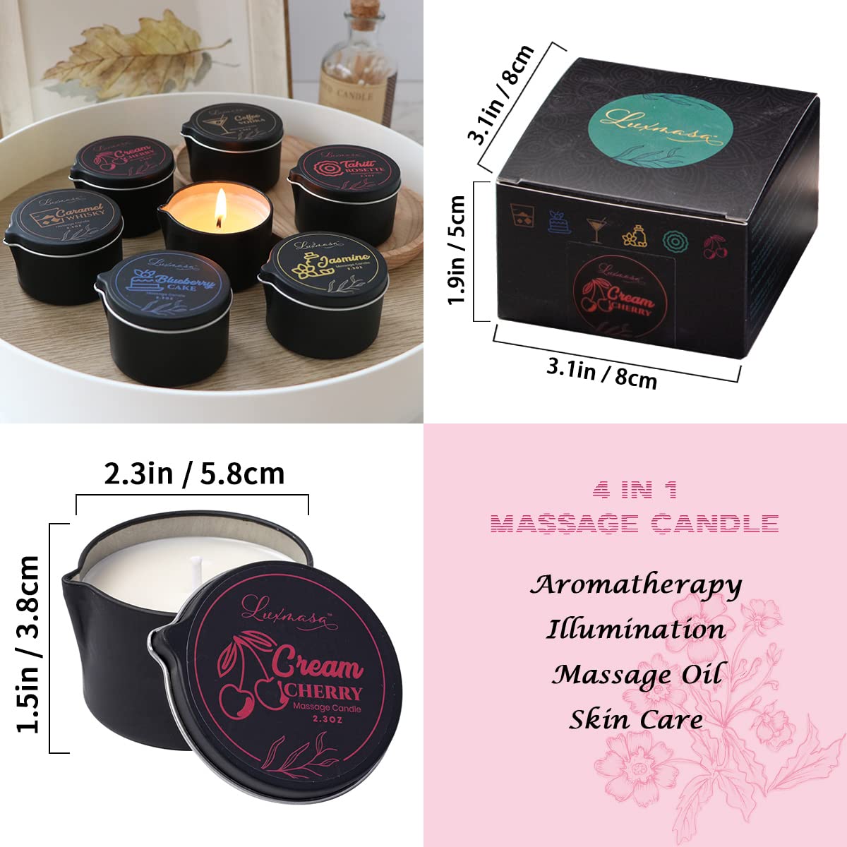 LUXMASA All Natural Soy Wax Massage Candle – Cream Cherry Scent, 2.35 oz