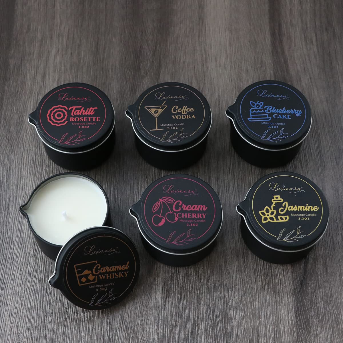 LUXMASA All Natural Scented Massage Candle Set – 4x2.35oz (9.4oz) Tahiti, Jasmine, Cream Cherry, Blueberry Cake