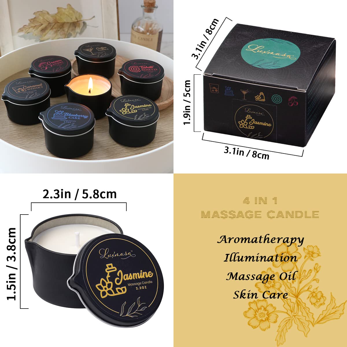 LUXMASA Soybean Oil Massage Candle – Jasmine Scent Aromatherapy 2.35 oz | Low-Temp, Natural, 4-in-1 Massage & Skin Care