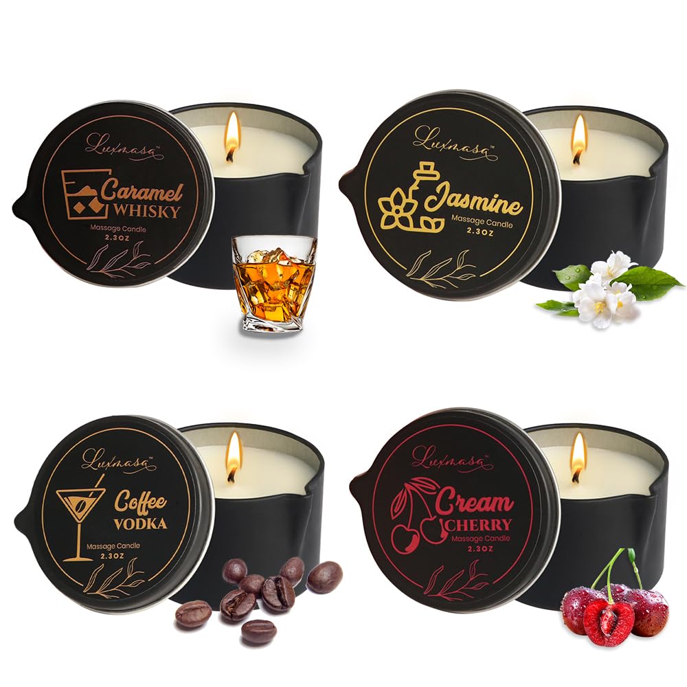 LUXMASA 4-Pack Soybean Wax Massage Candles – Jasmine, Caramel Whisky, Coffee Vodka, Cream Cherry
