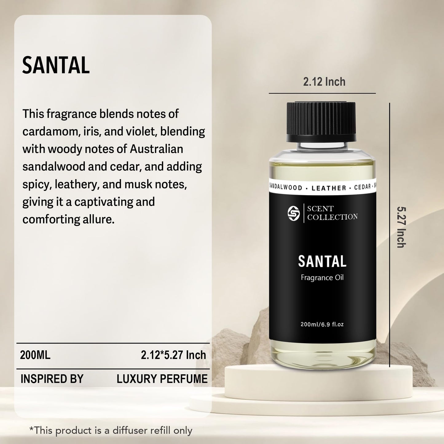 Luxury Hotel Scent Santal Diffuser Oil – Waterless 200ml Sandalwood, Non-Toxic