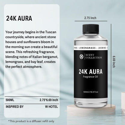 Luxury Hotel Scent Diffuser Oil – 24K Aura Lemongrass (500ml) Waterless, Non-Toxic for Large Rooms, Cars & Home
