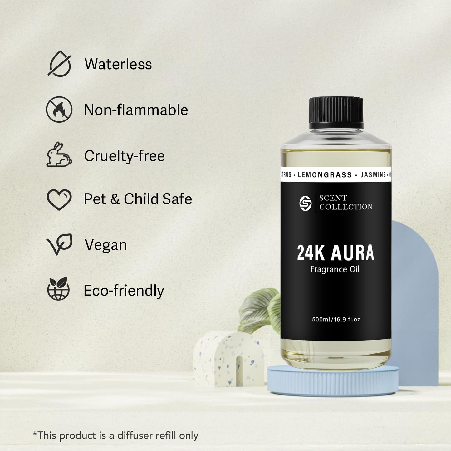 Luxury Hotel Scent Diffuser Oil – 24K Aura Lemongrass (500ml) Waterless, Non-Toxic for Large Rooms, Cars & Home