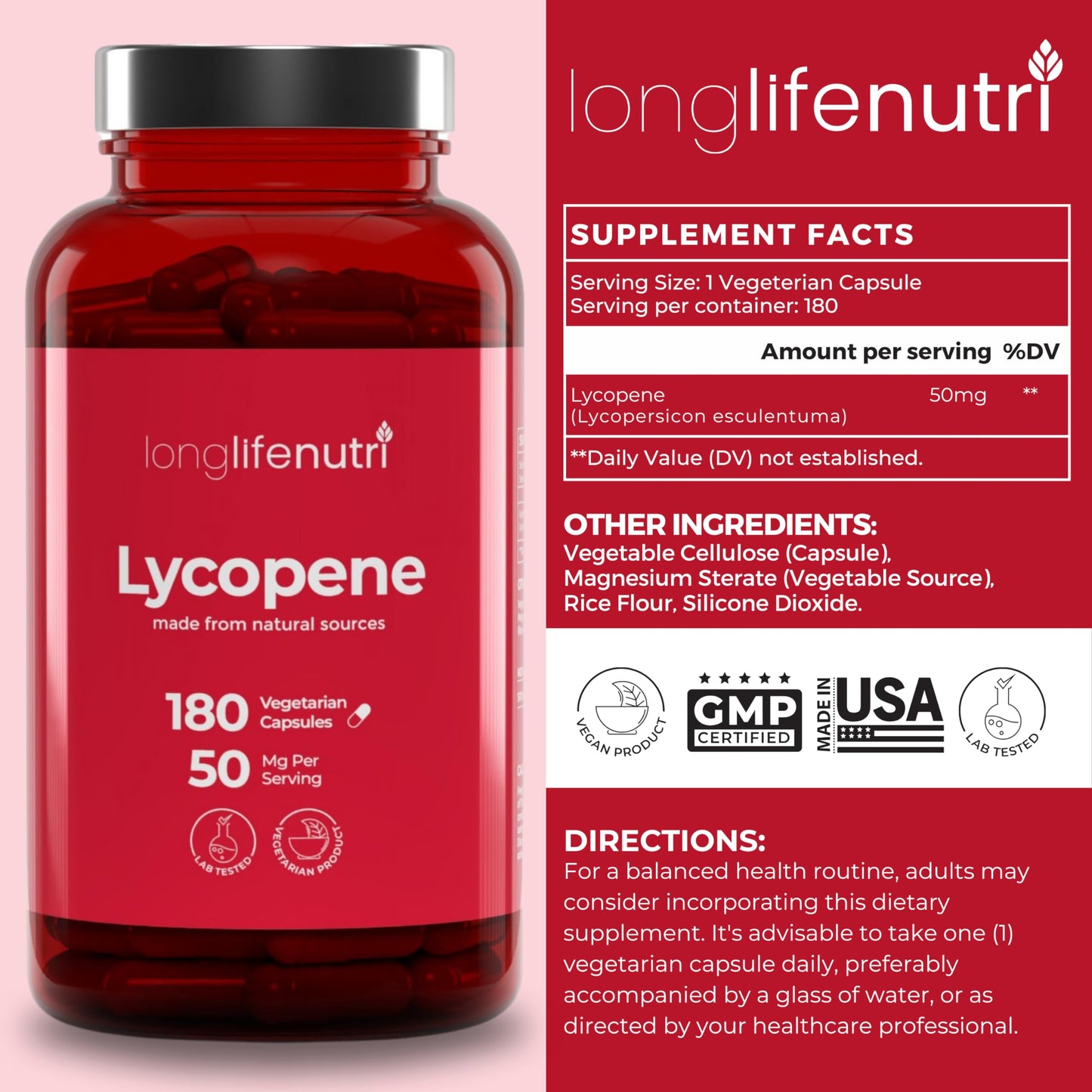 Lycopene 50mg 180 Vegetarian Capsules - Non-GMO Tomato Extract | LongLifeNutri