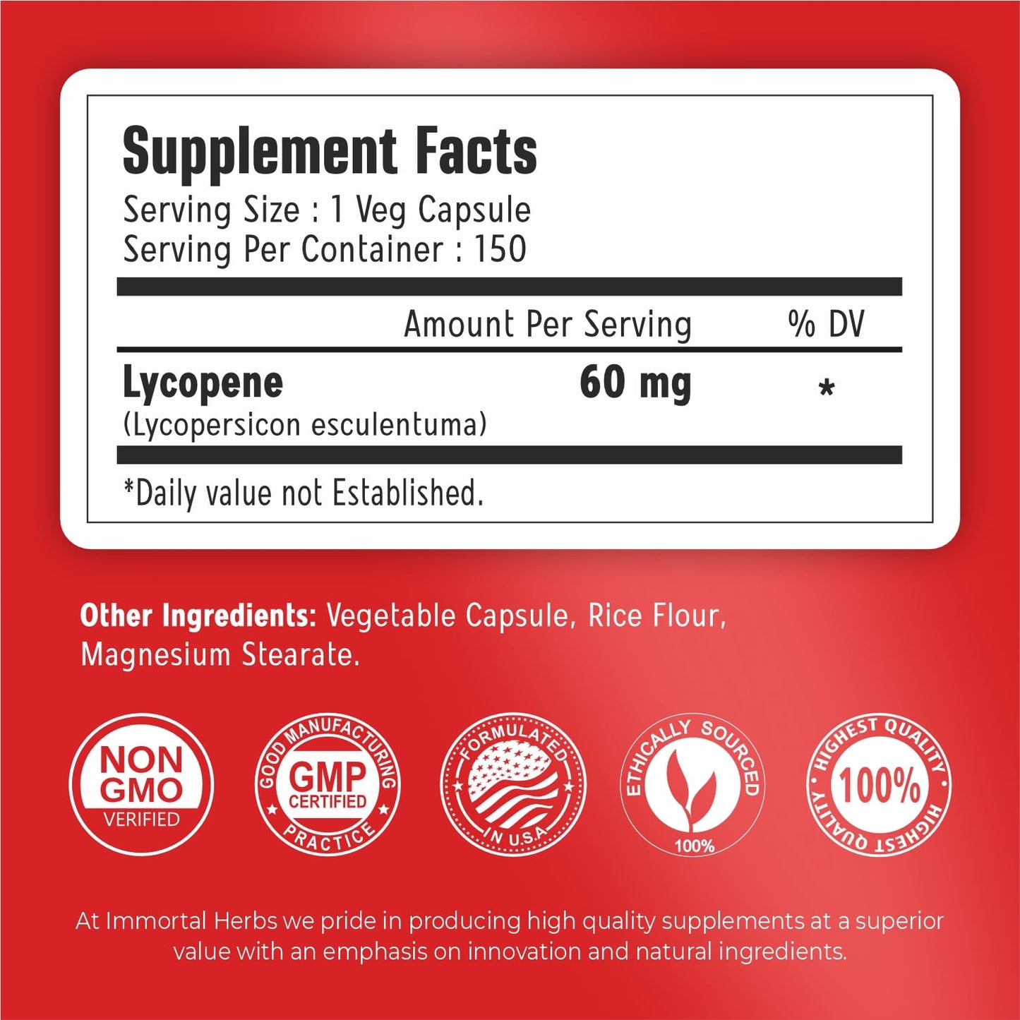 Immortal Herbs Lycopene 60mg for Men – 150 Capsules (Vegan, Non-GMO, Gluten Free)