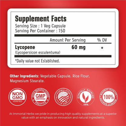 Immortal Herbs Lycopene 60mg for Men – 150 Capsules (Vegan, Non-GMO, Gluten Free)