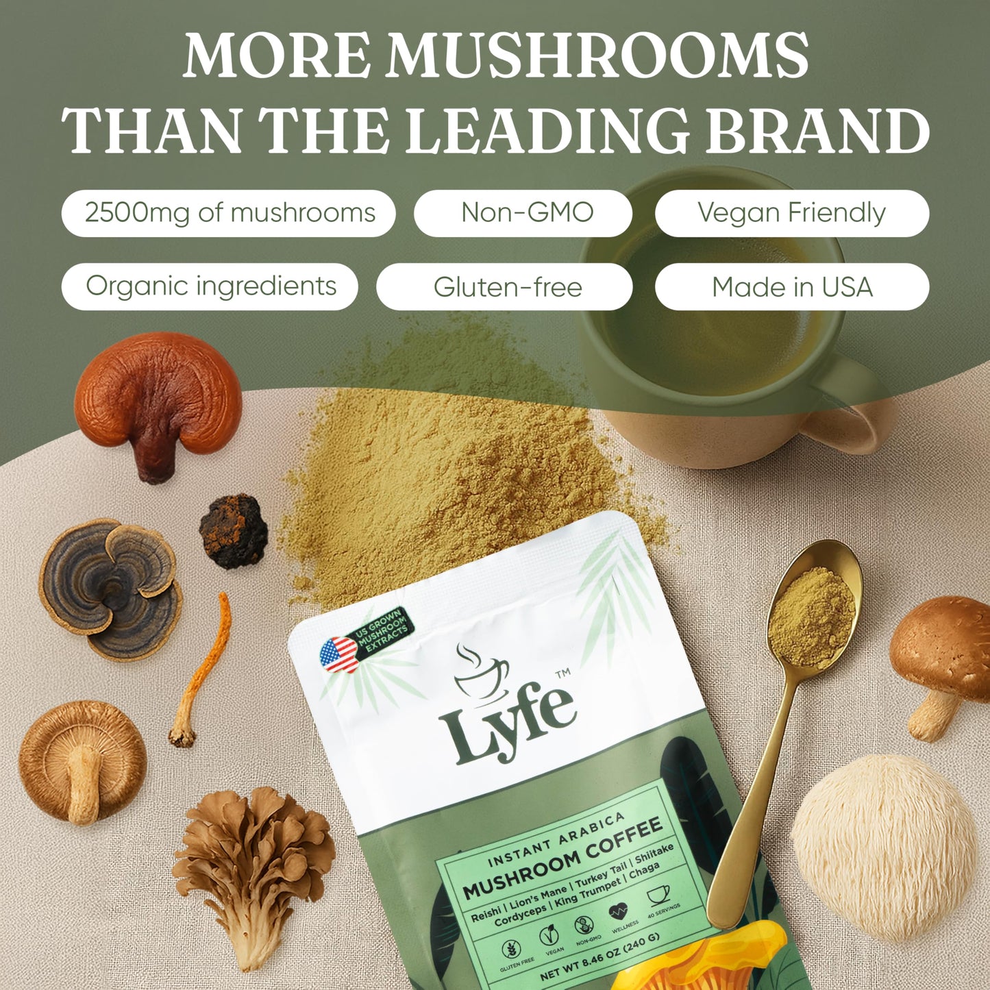 LYFE Organic Instant Mushroom Coffee – 40 Servings | Lion's Mane, Chaga, Cordyceps & Turkey Tail
