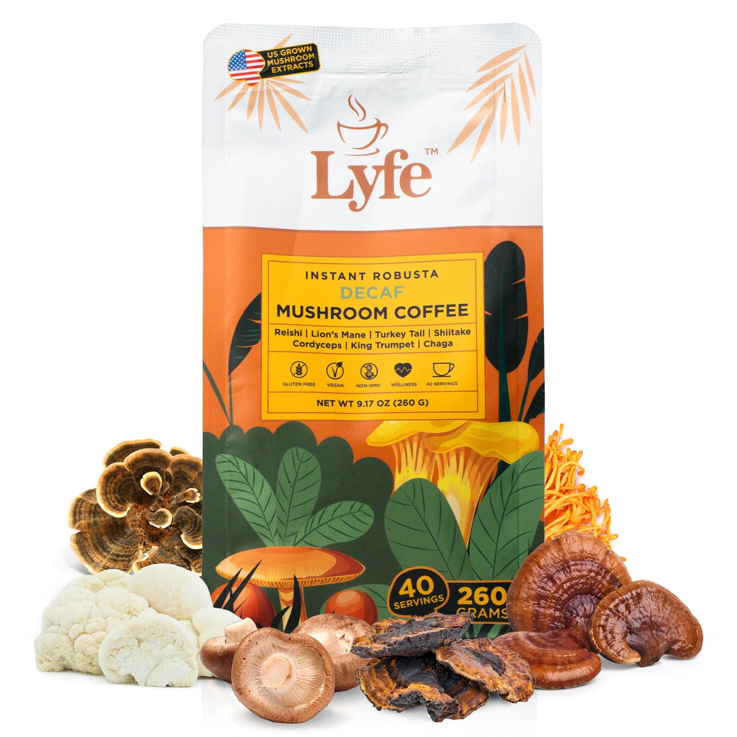 LYFE Organic Instant Decaf Mushroom Coffee – 40 Servings | Lion’s Mane, Chaga, Cordyceps & Turkey Tail