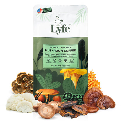 LYFE Organic Instant Mushroom Coffee – 40 Servings | Lion's Mane, Chaga, Cordyceps & Turkey Tail