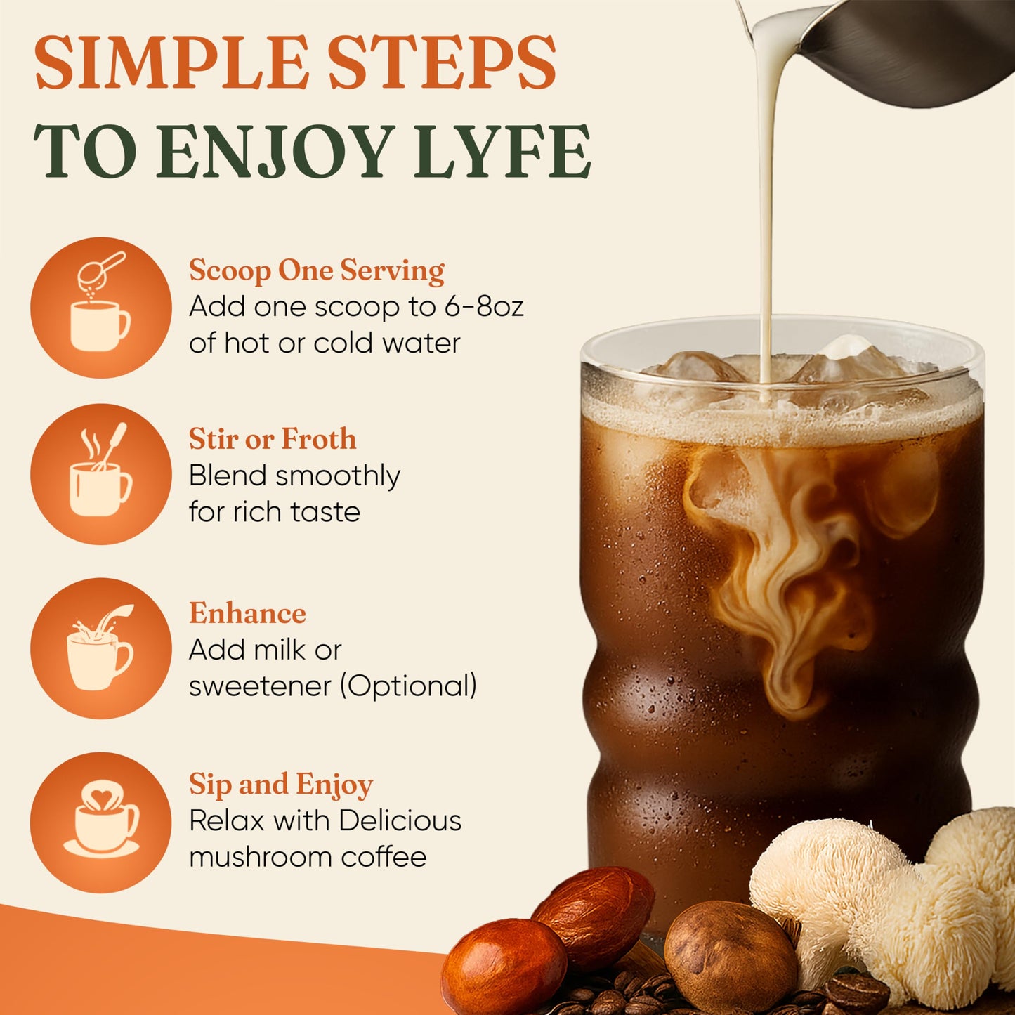 LYFE Organic Instant Decaf Mushroom Coffee – 40 Servings | Lion’s Mane, Chaga, Cordyceps & Turkey Tail