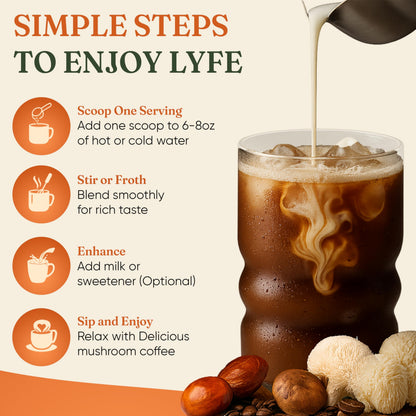 LYFE Organic Instant Decaf Mushroom Coffee – 40 Servings | Lion’s Mane, Chaga, Cordyceps & Turkey Tail