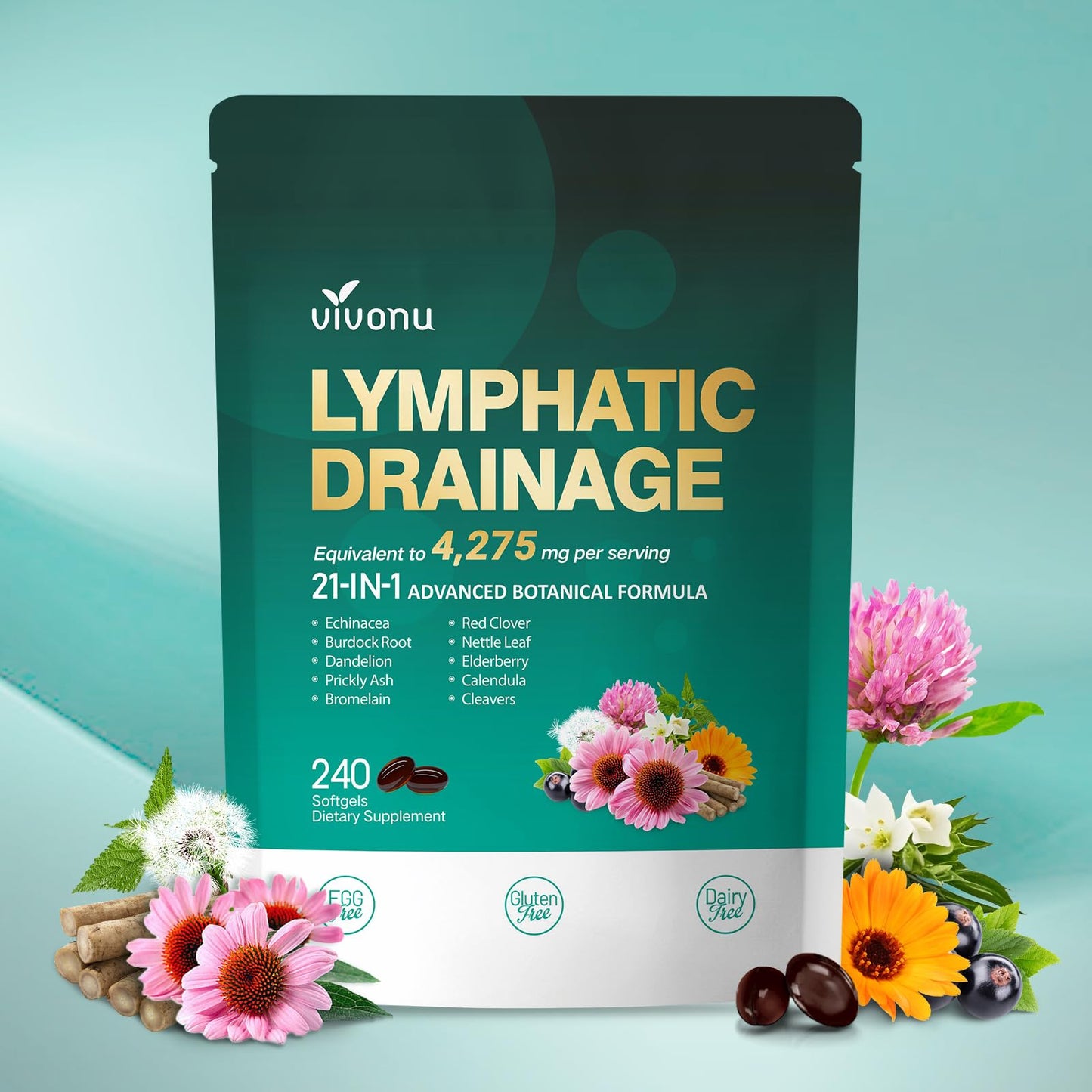 Lymphatic Drainage Supplements | 240 Softgels, 4275 mg, 21-in-1 Herbal Blend
