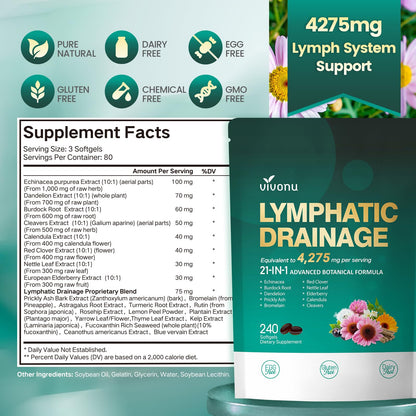 Lymphatic Drainage Supplements | 240 Softgels, 4275 mg, 21-in-1 Herbal Blend
