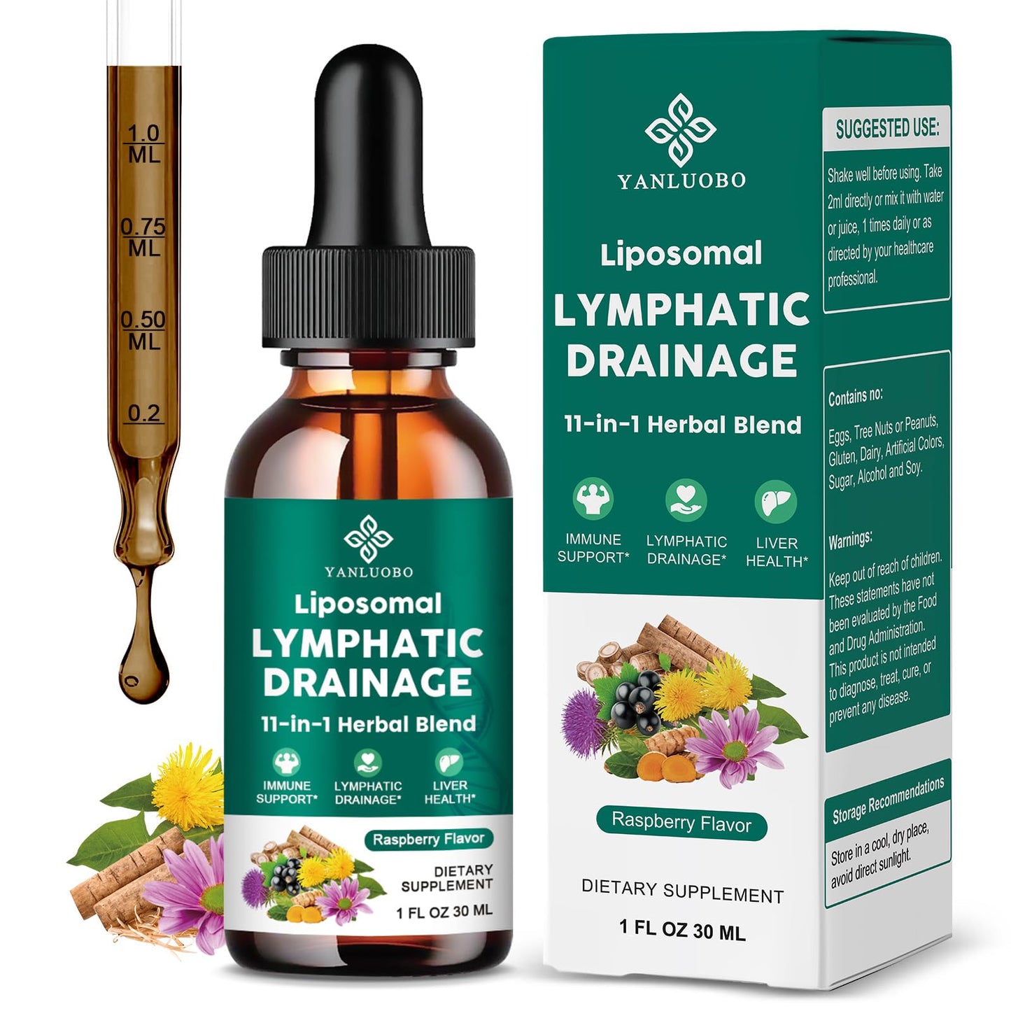 Lymphatic Drainage Drops - 11 in 1 Lymphatic Supplement for Immune, Lymph System & Liver Detox - with Echinacea, Horse Chestnut, Dandelion, Elderberry & Burdock - Raspberry Flavor, Vegan, 2 Fl Oz