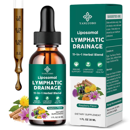 Lymphatic Drainage Drops - 11 in 1 Lymphatic Supplement for Immune, Lymph System & Liver Detox - with Echinacea, Horse Chestnut, Dandelion, Elderberry & Burdock - Raspberry Flavor, Vegan, 2 Fl Oz