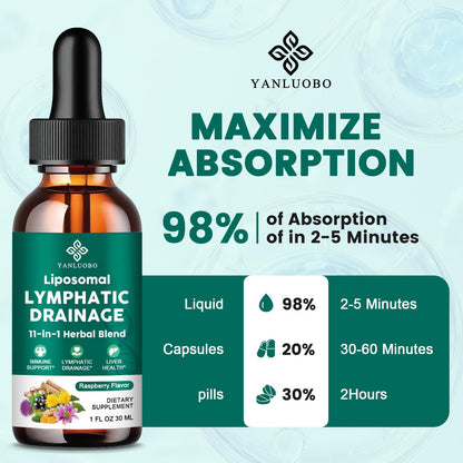 Lymphatic Drainage Drops - 11 in 1 Lymphatic Supplement for Immune, Lymph System & Liver Detox - with Echinacea, Horse Chestnut, Dandelion, Elderberry & Burdock - Raspberry Flavor, Vegan, 2 Fl Oz