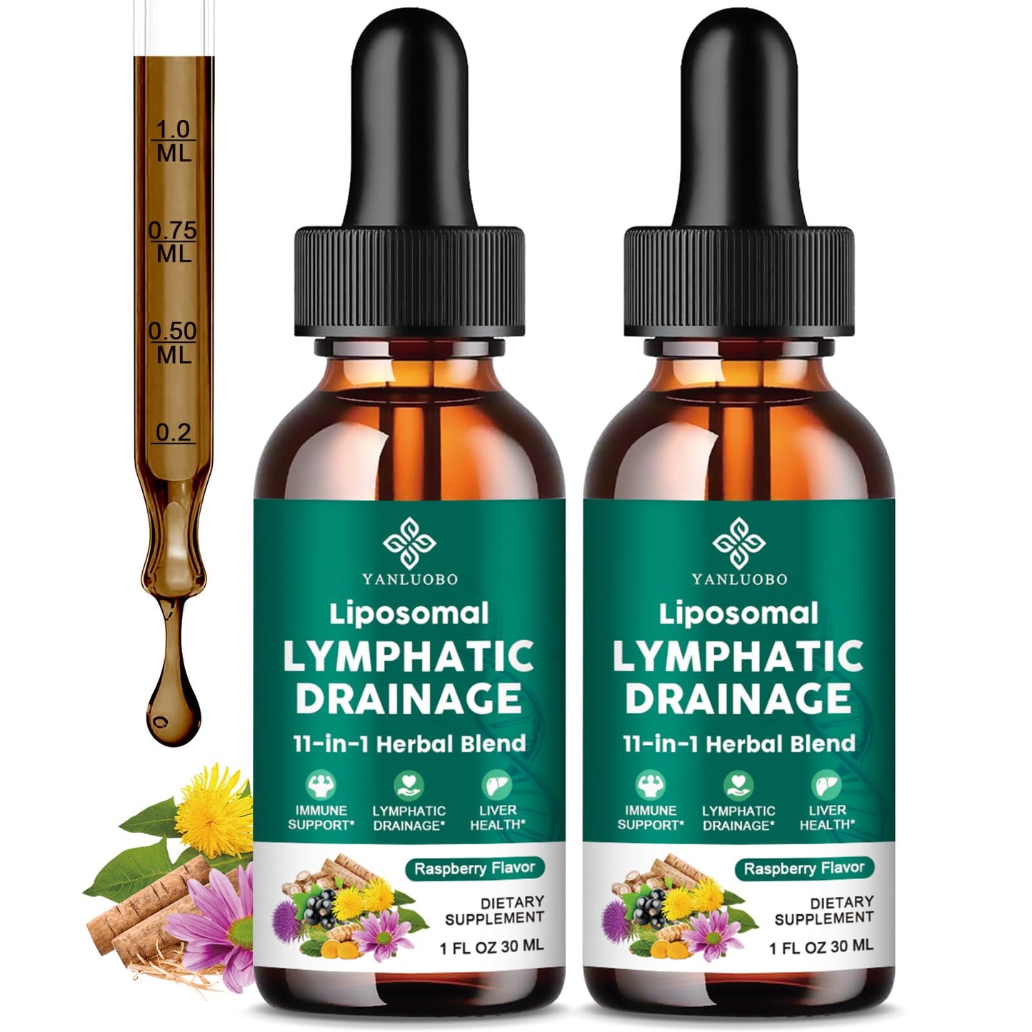 Lymphatic Drainage Drops - 11 in 1 Lymphatic Supplement for Immune, Lymph System & Liver Detox - with Echinacea, Horse Chestnut, Dandelion, Elderberry & Burdock - Raspberry Flavor, Vegan, 2 Fl Oz