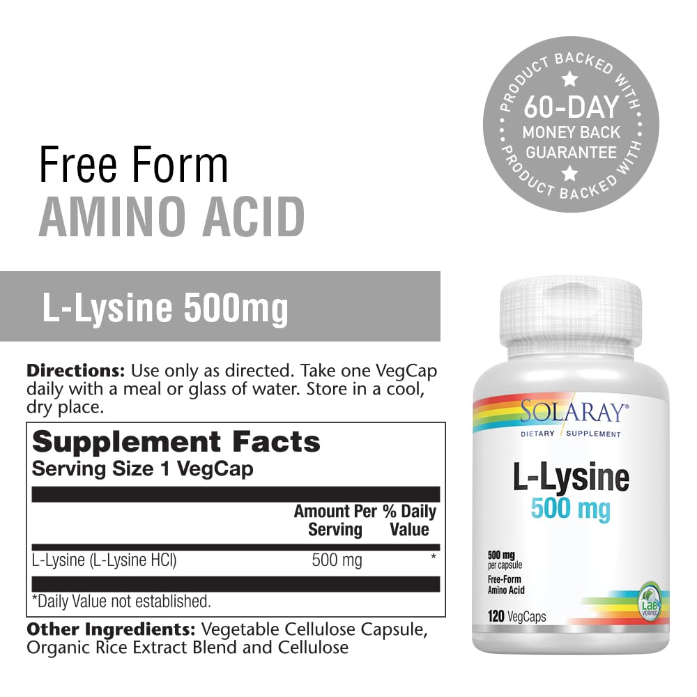 SOLARAY L-Lysine 500 mg Capsules – Free-Form Essential Amino Acid Supplement