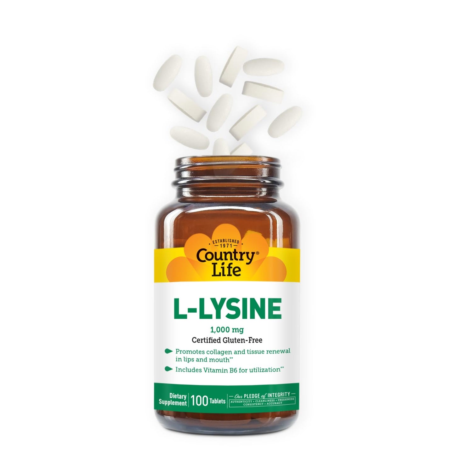 Country Life L-Lysine 1000mg with B-6 – Immune Support, Collagen Renewal, Vegan & Gluten Free (100 Count)