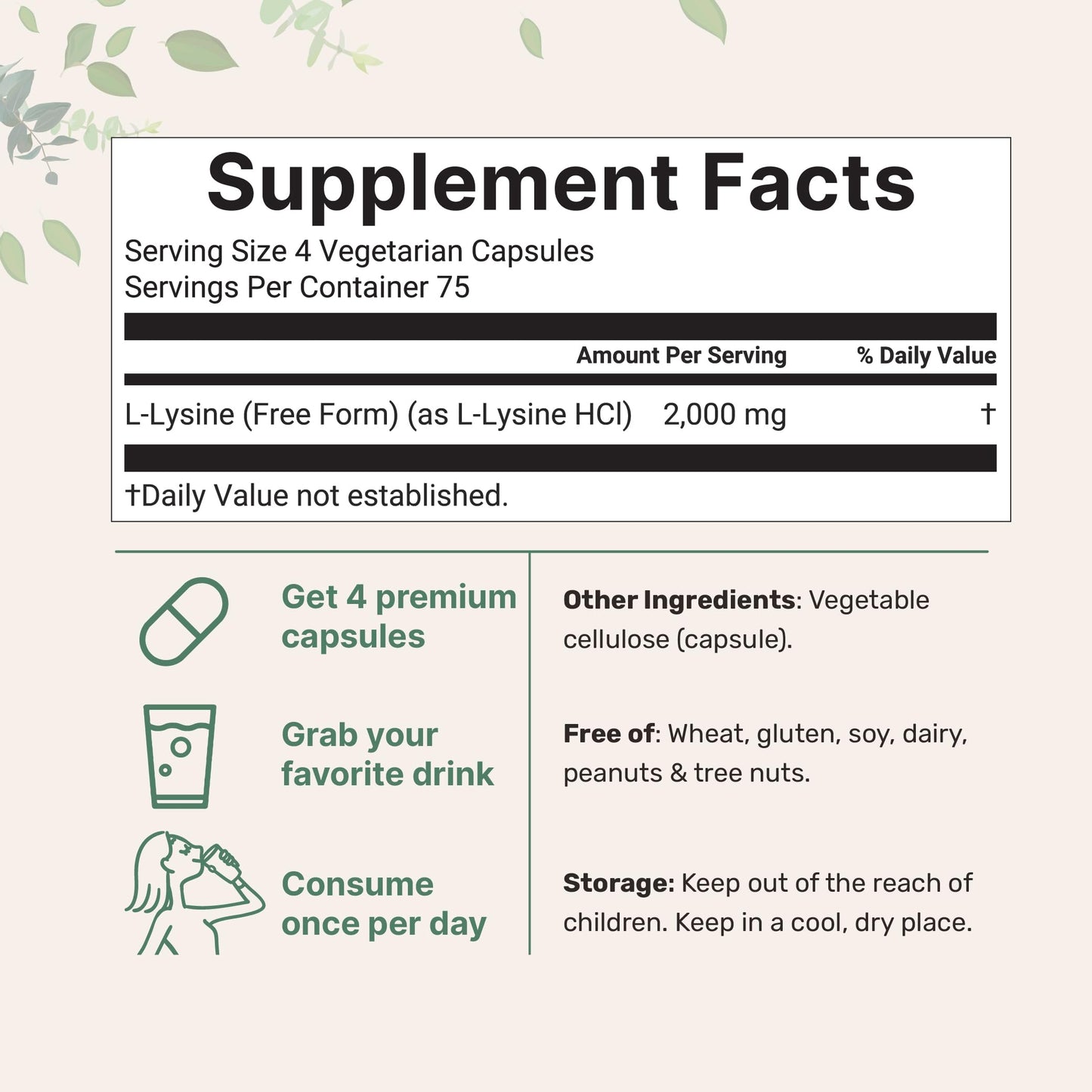 Pure L-Lysine 2,000mg | 300 Veggie Capsules | Maximum Potency, Free Form | Immune, Collagen & Lip Health