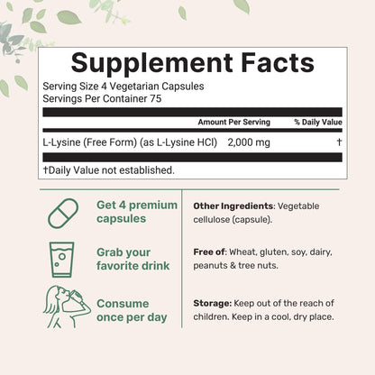 Pure L-Lysine 2,000mg | 300 Veggie Capsules | Maximum Potency, Free Form | Immune, Collagen & Lip Health