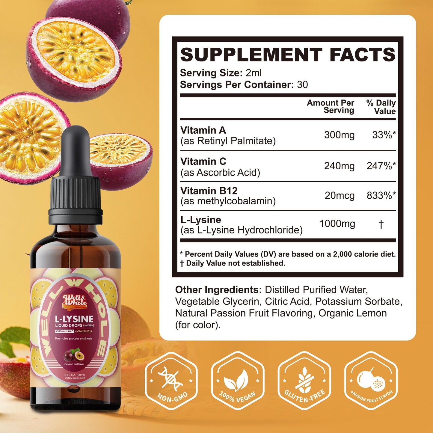 L-Lysine Liquid Drops 1000mg – Immune Support, Skin & Lips Health | Vegan, Non-GMO, 2 Oz